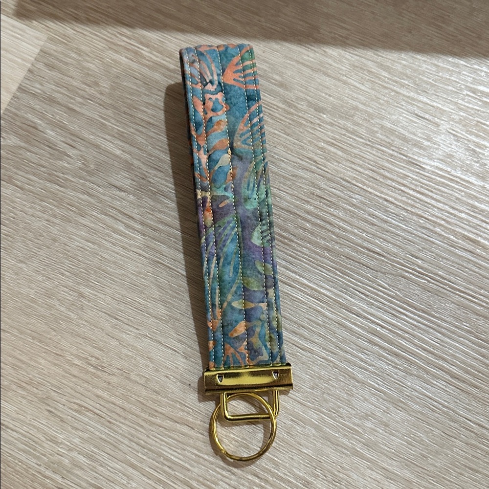Handmade Wristlet Key Fob Keychain Teal blue purple quilted fabric wrist loop